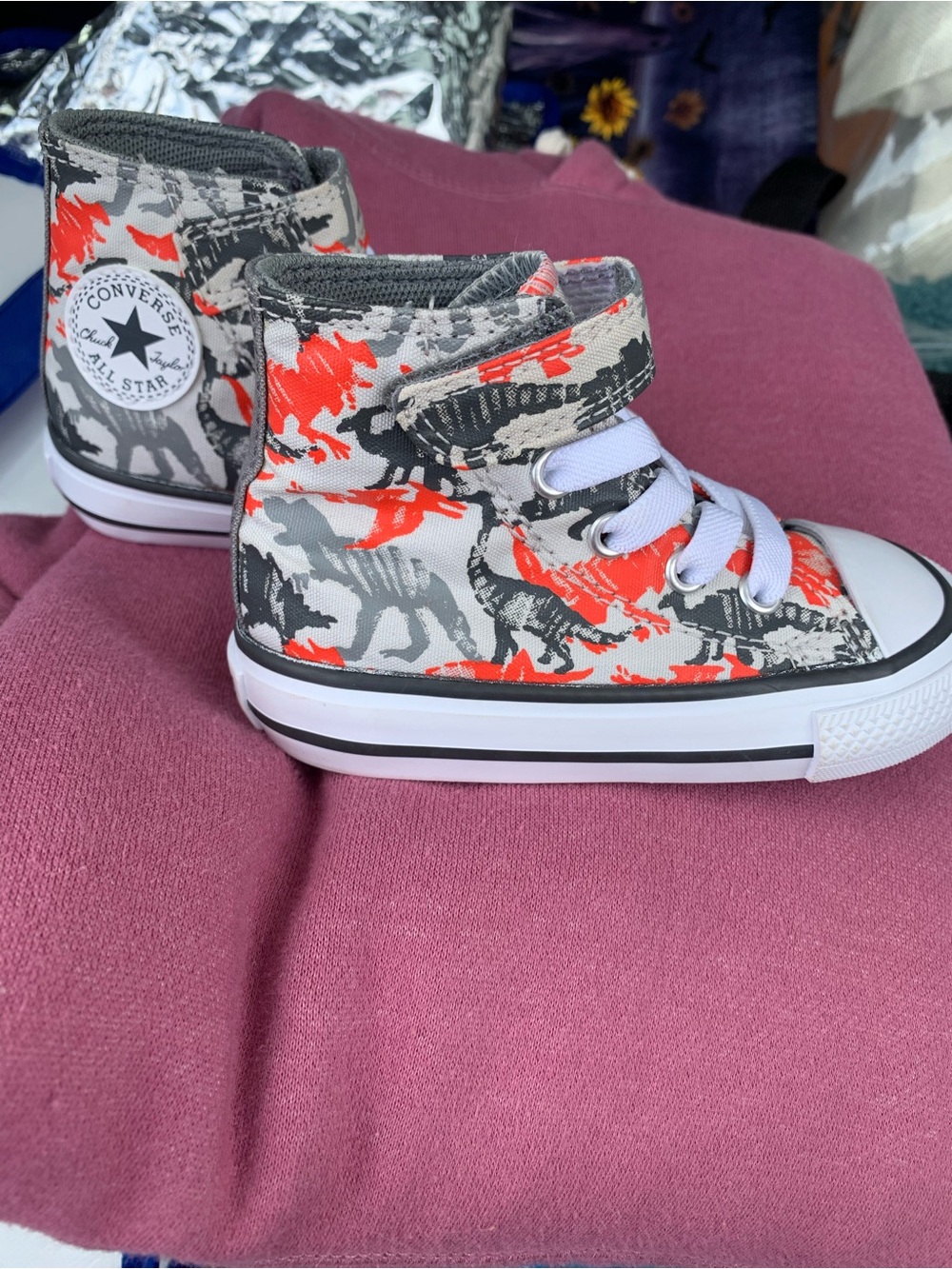 Converse Kids High Top Sneakers - White, Gray & Orange Print